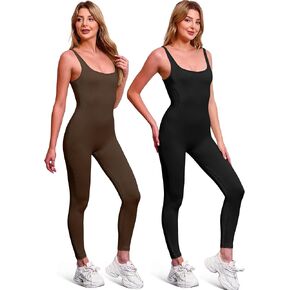 2 Pack Women's Gym Seamless Bodysuits, Workout Ribbed Jumpsuits Yoga Bodycon Exercise Leggings Rompers