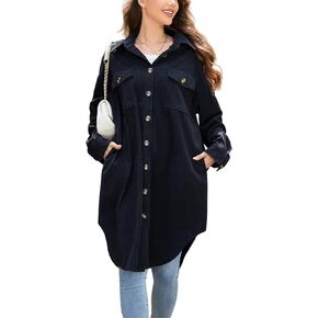 Women's Long Plaid Flannel Shacket Jacket Plus Size Button Down Lapel Shirt Long Sleeve Casual Loose Trench Coats