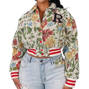 KANSOON Varsity Jacket Women Bomber Textured Floral Cropped Jackets Letterman Snap Buttons Long Sleeves Coats