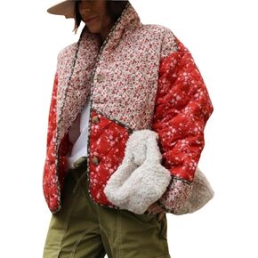 Eisctnd Women's Cropped Puffer Quilted Jacket Cardigan Floral Printed Lightweight Long Sleeve Short Padded Coats