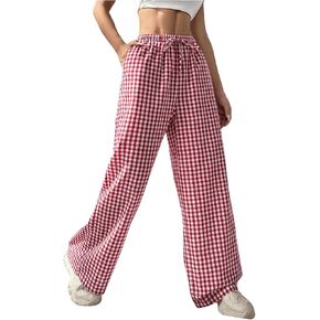 Milumia Women's Plaid Print Drawstring Waist Straight Leg Loose Long Pants