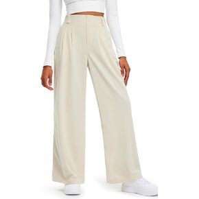 Libin Women's Wide Leg Pants 27" High Waisted Waffle Knit Casual Slacks Work Dress Pants Business Palazzo Trousers with Pockets, Beige, 2XL