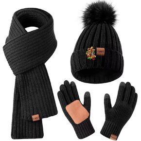 Womens Winter Beanie Scarf Gloves Set, Pom Pom Hat with Warm Fleece Lined Long Knit Scarf Touchscreen Gloves 3 in 1 Set