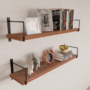 foxsky 36 Inch Long Walnut Floating Shelves for Wall,Set of 2 Rustic Solid Pine Wood Wall Mounted Kitchen Shelves,8 Inch Deep Farmhouse Wall Shelves for Living Room Bathroom, Bedroom
