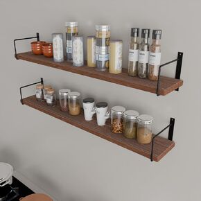 foxsky 36 Inch Long Walnut Floating Shelves for Wall,Set of 2 Rustic Solid Pine Wood Wall Mounted Kitchen Shelves,8 Inch Deep Farmhouse Wall Shelves for Living Room Bathroom, Bedroom