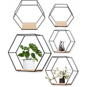 iFCOW Hexagon Floating Shelves, 5 Wall Mounted Hexagon Shelves Hanging Geometric Metal Wall Shelf Wall Decor Rack for Bedroom Living Room