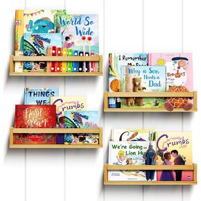 Ollieroo Set of Four Floating Book Shelves for Wall, Nursery Book Shelf for Kids Room, Bamboo Wood Hanging Bookshelf for Baby Teen Boys Girls, Wall Mounted Shelves for Bedroom Bathroom Decor(White)