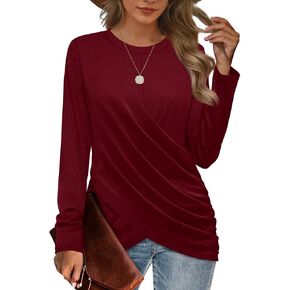 Jescakoo Womens Tops Long Sleeve Shirts Twist Front Crew Neck Tunics