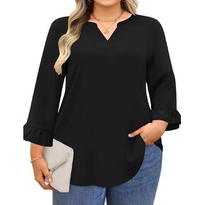 AKEWEI Womens Plus Size 3/4 Sleeve Tops V Neck Summer Work Shirts Loose Fit Tunic Dressy Casual Chiffon Blouse XL-5X
