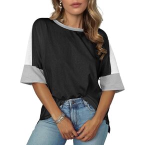 Dokotoo Womens Tops Oversized Trendy Shirts 2025 Summer Color Block Crewneck Business Casual Womens Blouses S-2XL