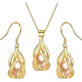 Natural Pearl Jewelry Set For Women 925 Sterling Silver & Gold Plated Necklace Pearl Pendant & Pearl Earrings Freshwater Pearl Drop Jewelry Set for Wedding Prom Gift