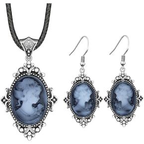 Vintage Look Flower Pendant Lady Queen Cameo Sets For Women Antique Silver Plated Cameo Necklace Earring Jewelry Set