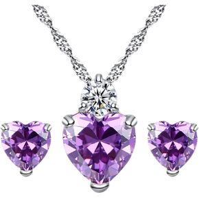 925 Silver Plated Shiny Fashion Cute Crystal Rhinestone Love Heart Pendent Necklace Stud Earrings Jewelry Set for Women Lady (Light Purple)