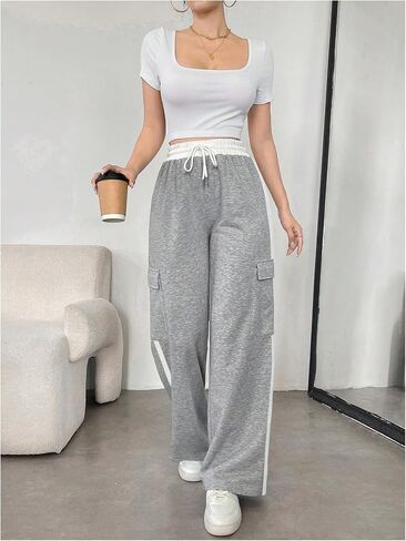 Floerns Women's Drawstring High Waist Sweatpants Baggy Wide Leg Pants with Pockets in Saudi Arabia