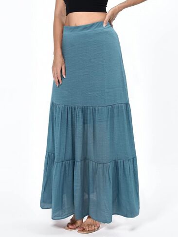 LÄTT Women High Waist Boho Floral Ruffle Drawstring Tiered Maxi Skirt with Pocket in Saudi Arabia