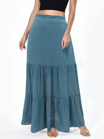 LÄTT Women High Waist Boho Floral Ruffle Drawstring Tiered Maxi Skirt with Pocket in Saudi Arabia