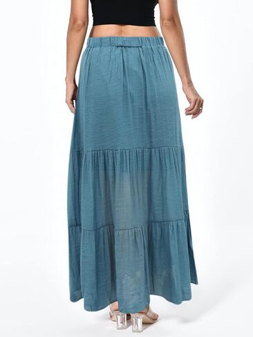 LÄTT Women High Waist Boho Floral Ruffle Drawstring Tiered Maxi Skirt with Pocket in Saudi Arabia