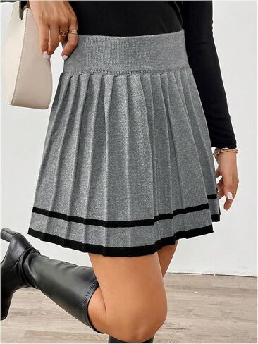 MakeMeChic Women's A Line Short Skirt Contrast Binding Elastic Waist Pleated Mini Skirts in Saudi Arabia