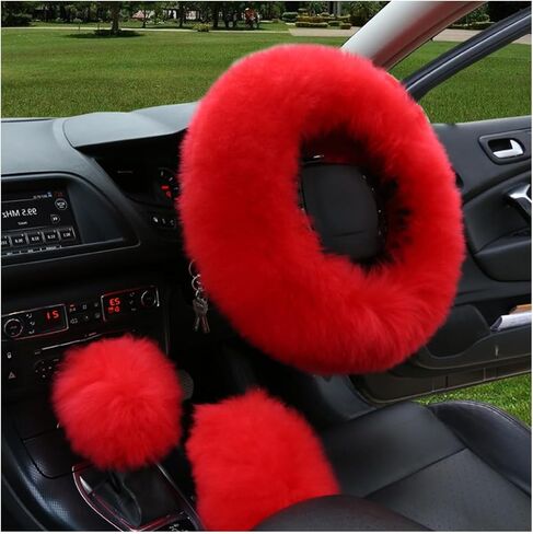 3PCS Pure Wool Steering Wheel Cover, 15 Inches Furry Steering Wheel Protector with Handbrake & Gear Shift Cover, Universal Soft Fluffy Steering Wheel Car Accessories (Red) in Saudi Arabia