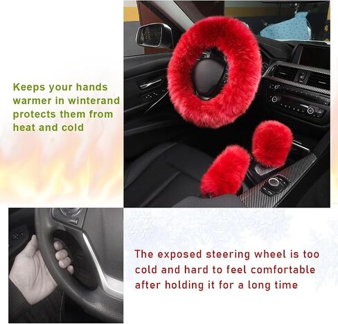 3PCS Pure Wool Steering Wheel Cover, 15 Inches Furry Steering Wheel Protector with Handbrake & Gear Shift Cover, Universal Soft Fluffy Steering Wheel Car Accessories (Red) in Saudi Arabia