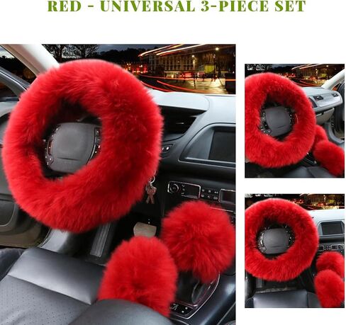 3PCS Pure Wool Steering Wheel Cover, 15 Inches Furry Steering Wheel Protector with Handbrake & Gear Shift Cover, Universal Soft Fluffy Steering Wheel Car Accessories (Red) in Saudi Arabia