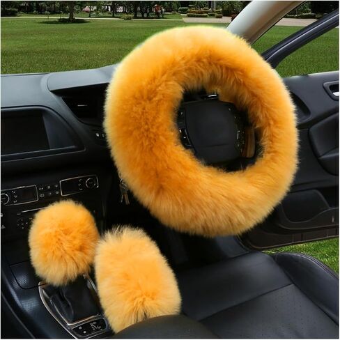 3PCS Pure Wool Steering Wheel Cover, 15 Inches Furry Steering Wheel Protector with Handbrake & Gear Shift Cover, Universal Soft Fluffy Steering Wheel Car Accessories (Red) in Saudi Arabia