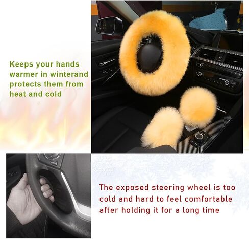 3PCS Pure Wool Steering Wheel Cover, 15 Inches Furry Steering Wheel Protector with Handbrake & Gear Shift Cover, Universal Soft Fluffy Steering Wheel Car Accessories (Red) in Saudi Arabia