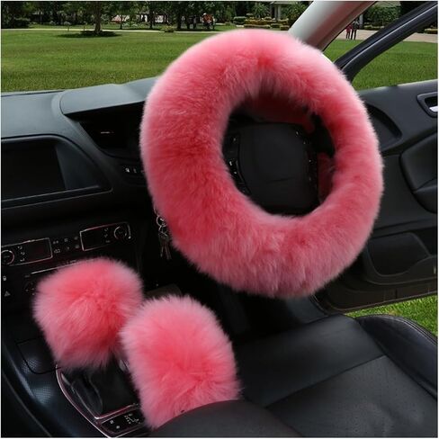 3PCS Pure Wool Steering Wheel Cover, 15 Inches Furry Steering Wheel Protector with Handbrake & Gear Shift Cover, Universal Soft Fluffy Steering Wheel Car Accessories (Red) in Saudi Arabia