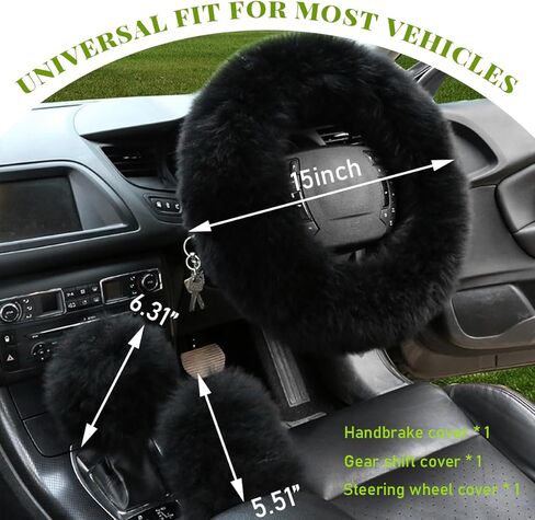 3PCS Pure Wool Steering Wheel Cover, 15 Inches Furry Steering Wheel Protector with Handbrake & Gear Shift Cover, Universal Soft Fluffy Steering Wheel Car Accessories (Red) in Kuwait