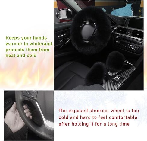 3PCS Pure Wool Steering Wheel Cover, 15 Inches Furry Steering Wheel Protector with Handbrake & Gear Shift Cover, Universal Soft Fluffy Steering Wheel Car Accessories (Red) in Kuwait