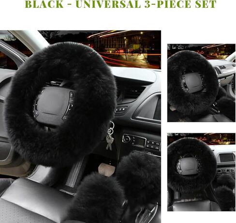 3PCS Pure Wool Steering Wheel Cover, 15 Inches Furry Steering Wheel Protector with Handbrake & Gear Shift Cover, Universal Soft Fluffy Steering Wheel Car Accessories (Red) in Kuwait