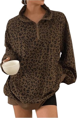 SOLY HUX Women's Leopard Sweatshirt Half Zip Collar Drop Shoulder Long Sleeve Cheetah Print Oversized Pullover Tops in Saudi Arabia