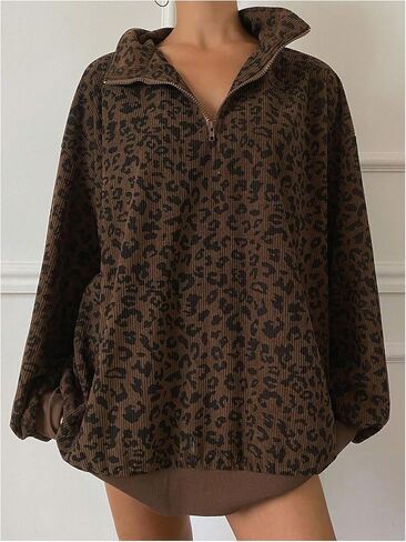 SOLY HUX Women's Leopard Sweatshirt Half Zip Collar Drop Shoulder Long Sleeve Cheetah Print Oversized Pullover Tops in Saudi Arabia