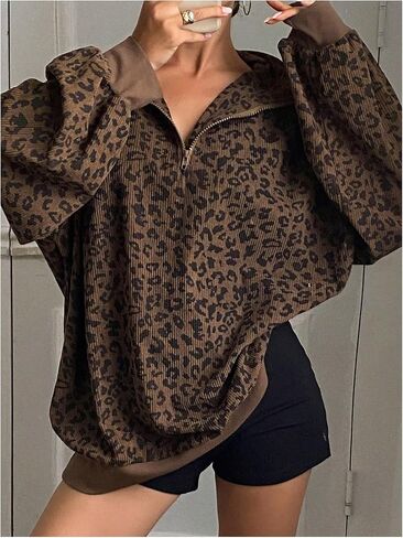 SOLY HUX Women's Leopard Sweatshirt Half Zip Collar Drop Shoulder Long Sleeve Cheetah Print Oversized Pullover Tops in Saudi Arabia
