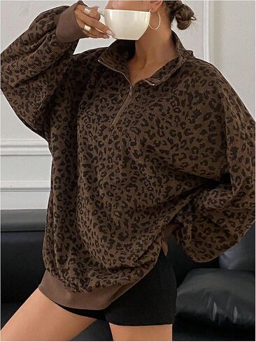 SOLY HUX Women's Leopard Sweatshirt Half Zip Collar Drop Shoulder Long Sleeve Cheetah Print Oversized Pullover Tops in Saudi Arabia