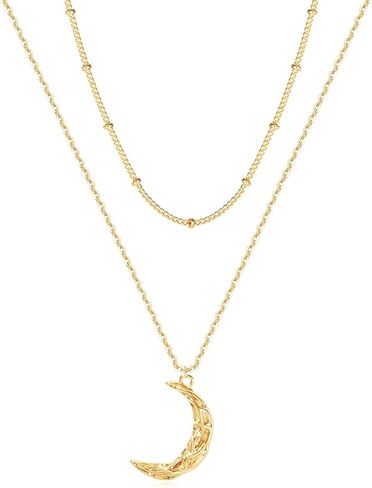 Layered Moon Star Necklace Pave CZ 14k Gold Plated Dainty Crescent Moon Star Pendant Choker Gold Coin Disc Necklace for Women in Kuwait