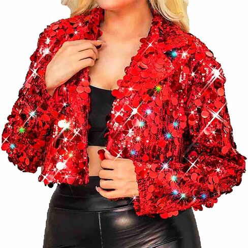 EVILD Women’s Christmas Light Up Sequins Jacket Sparkly Red Bomber Jackets Glitter LED Glow Blazer in Kuwait