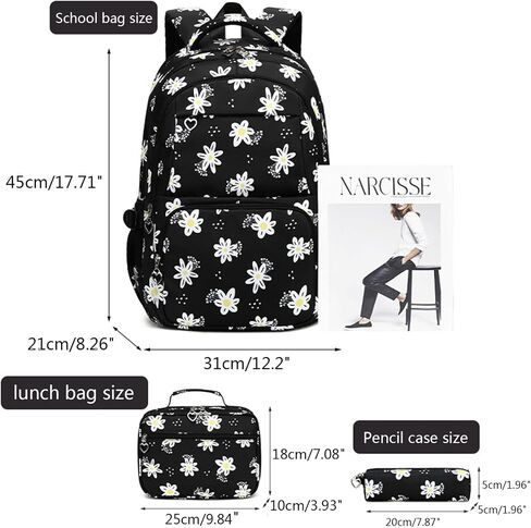 3 Pcs Set Kids Backpacks for Teen Girls Cute Student Backpack Elementary Middle BookBag School bags With Lunch bag Pencil Case (Black) in Saudi Arabia