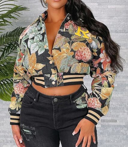 KANSOON Varsity Jacket Women Bomber Textured Floral Cropped Jackets Letterman Snap Buttons Long Sleeves Coats in Kuwait