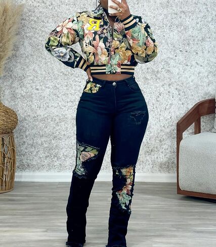 KANSOON Varsity Jacket Women Bomber Textured Floral Cropped Jackets Letterman Snap Buttons Long Sleeves Coats in Kuwait
