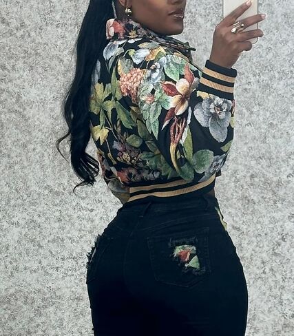 KANSOON Varsity Jacket Women Bomber Textured Floral Cropped Jackets Letterman Snap Buttons Long Sleeves Coats in Kuwait