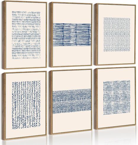 Drsoum Mid-century Boho Geometric Abstract Decor Blue White Grunge Minimalist Bohemian Wall Art Framed Canvas Prints 8"x 10"x 6pcs Natural Framed in Kuwait