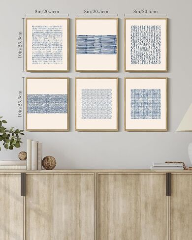 Drsoum Mid-century Boho Geometric Abstract Decor Blue White Grunge Minimalist Bohemian Wall Art Framed Canvas Prints 8"x 10"x 6pcs Natural Framed in Kuwait