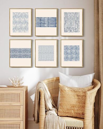 Drsoum Mid-century Boho Geometric Abstract Decor Blue White Grunge Minimalist Bohemian Wall Art Framed Canvas Prints 8"x 10"x 6pcs Natural Framed in Kuwait