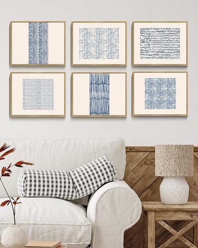 Drsoum Mid-century Boho Geometric Abstract Decor Blue White Grunge Minimalist Bohemian Wall Art Framed Canvas Prints 8"x 10"x 6pcs Natural Framed in Kuwait
