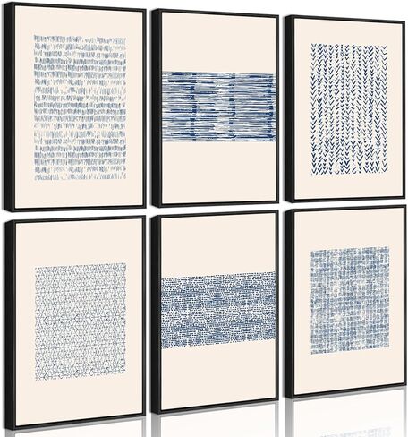 Drsoum منتصف القرن بوهو هندسي مجردة ديكور أزرق أبيض الجرونج الحد الأدنى البوهيمي جدار الفن مؤطرة قماش يطبع 8 "× 10" × 6 قطع الطبيعية مؤطرة in Kuwait