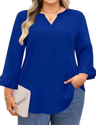 AKEWEI Womens Plus Size 3/4 Sleeve Tops V Neck Summer Work Shirts Loose Fit Tunic Dressy Casual Chiffon Blouse XL-5X in Saudi Arabia
