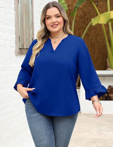 AKEWEI Womens Plus Size 3/4 Sleeve Tops V Neck Summer Work Shirts Loose Fit Tunic Dressy Casual Chiffon Blouse XL-5X in Saudi Arabia
