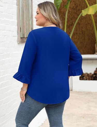 AKEWEI Womens Plus Size 3/4 Sleeve Tops V Neck Summer Work Shirts Loose Fit Tunic Dressy Casual Chiffon Blouse XL-5X in Saudi Arabia