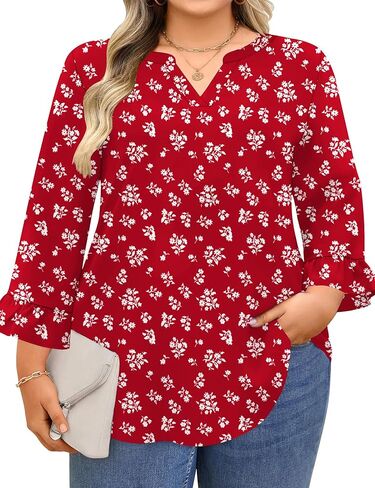 AKEWEI Womens Plus Size 3/4 Sleeve Tops V Neck Summer Work Shirts Loose Fit Tunic Dressy Casual Chiffon Blouse XL-5X in Saudi Arabia